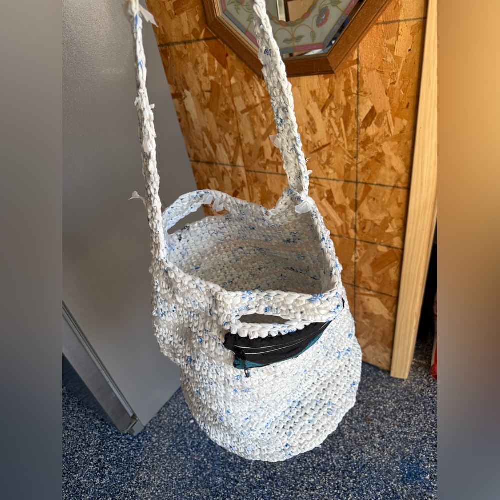 Handmade from plastic bags crocheted shopping tote bag with 2 pockets